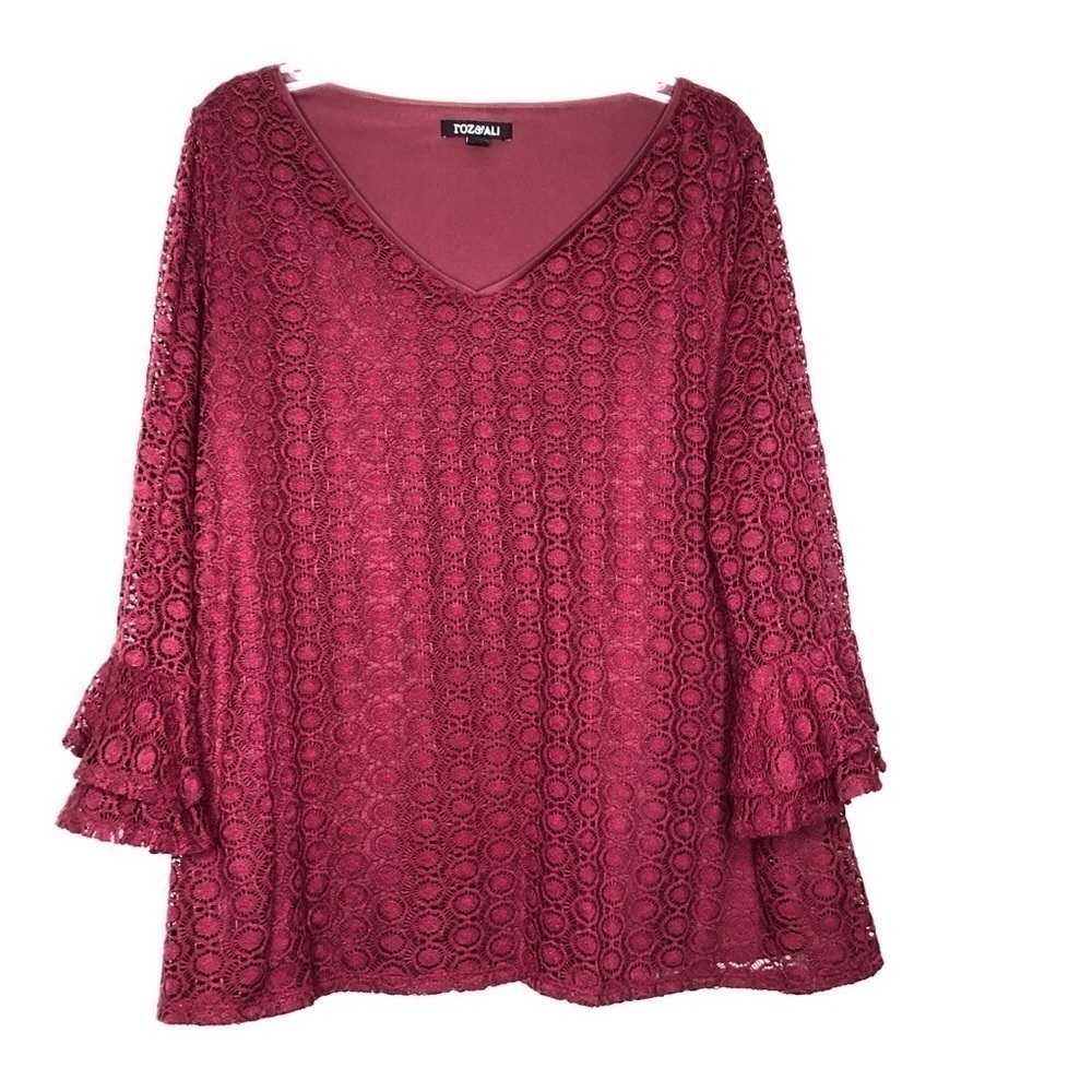 ROZ & ALI Burgundy V-Neck Lace Overlay Top w/ Sheer Lace Bell Sleeves - Size 2X